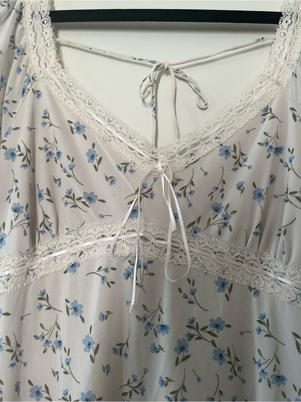 White Blue Ditsy Floral Cottagecore Babydoll Lace Midi Dress XL Romantic Dainty - Picture 4 of 9